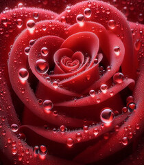 Macro Illustration of a Red Rose with Heart-Shaped Dewdrops