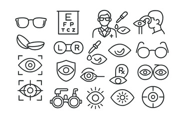 Line style icons of vision and eye care: eyeglasses icon, eye test chart, optometrist icon, eye exam icon, lens icon, contact lens case, eye dropper, vision check, pupil scan, refractive error,