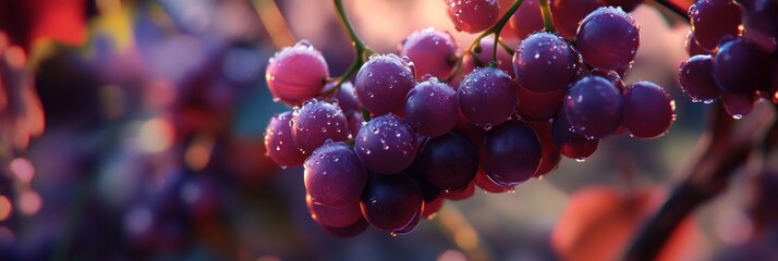 Close-up on luscious grapes hanging from a vine, adorned with glistening water droplets