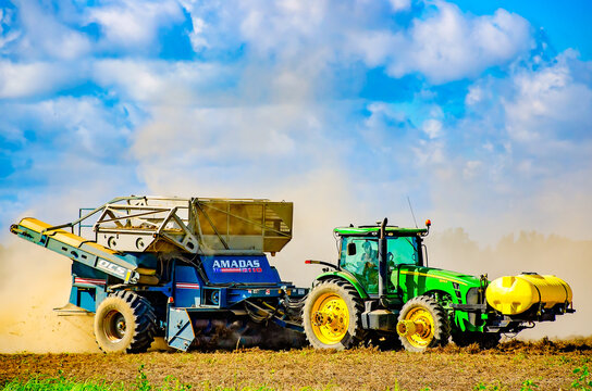 Harvesting peanuts with peanut combine in Grand Bay Alabama