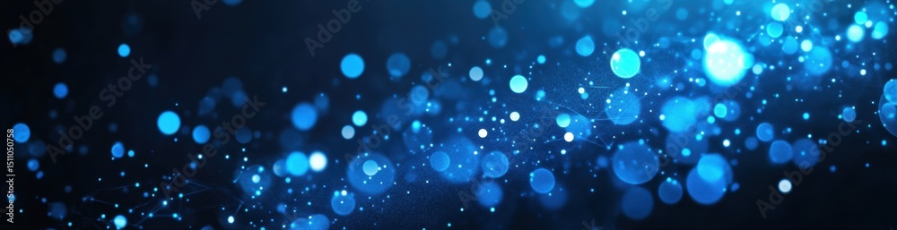 Poster abstract blue background with glowing dots and wavy lines, creating an abstract digital technology c