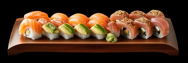 Exquisite Sushi Platter with Fresh Salmon, Tuna, and Avocado on Wooden Board