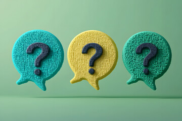Three textured speech bubbles, teal and light green, each containing a question mark, symbolize inquiry, dialogue, and brainstorming, ideal for communication or problem-solving concepts