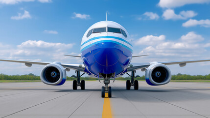 Obraz premium front-facing view of a blue and white commercial airplane positioned on the runway under a bright sky, symbolizing travel, aviation, and global connectivity