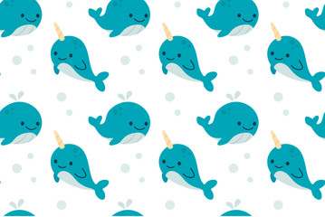 Seamless pattern with smiling narwhals and small bubbles on white background, ideal for ocean-themed children’s products © vicktoriabbk