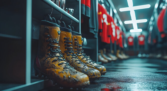 Muddy Football Boots Hanging in the Locker Room Representing Team Spirit and Achievement Ready for Victory
