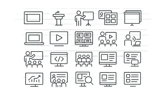 Line style icons of digital presentations: presentation slide, keynote icon, speaker icon, presentation deck, pitch screen, branded slides, visual aid, presentation mode, slide builder, slide share,
