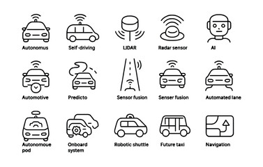 Line style icons of autonomous and future mobility: autonomous car, self-driving vehicle, lidar icon, radar sensor, AI driver, autopilot mode, path prediction, smart road, connected car,