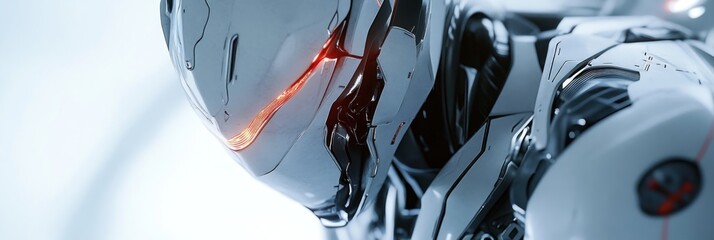 Futuristic robotic figure with intricate metallic design and glowing energy accent