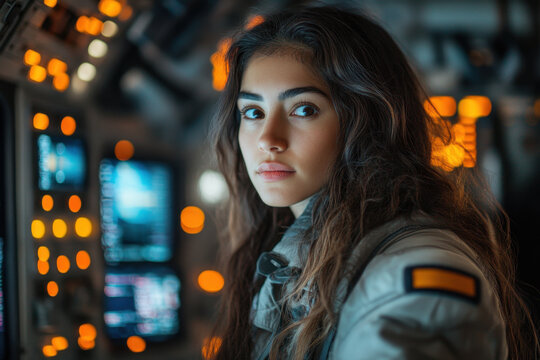 Woman in space suit looking out window.
