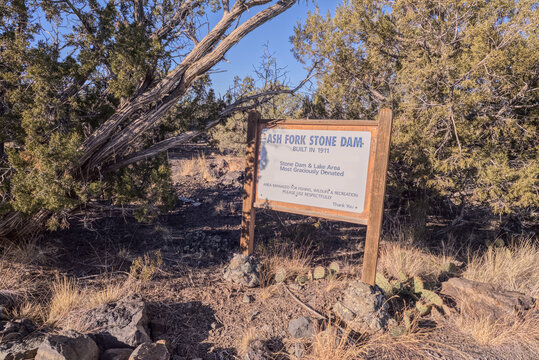 Historical information sign at Stone Dam Lake in the Kaibab National Forest, Arizona, USA
