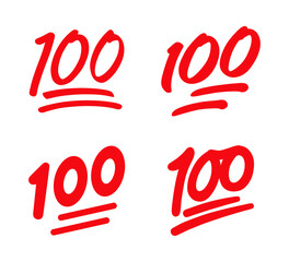 100 points emoji set vector collection in red color. 100 percent emoji. Hundred sticker red isolated on white background.