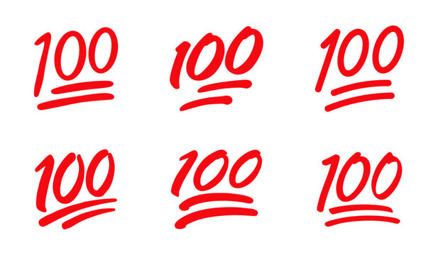 100 points emoji set in red color vector collection. 100 percent emoji. Red hundred symbol modern, simple, vector, icon. Vector illustration