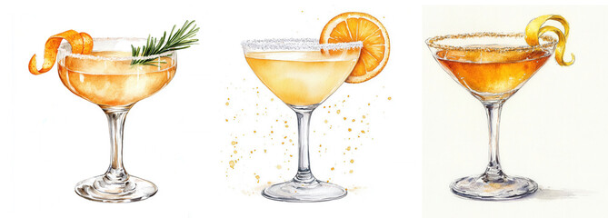 Sidecar cocktail with sugared rim, orange or lemon slice garnish in coupe glass. Watercolor illustration on white background.