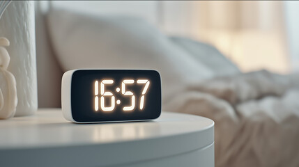 Minimalist digital alarm clock glowing softly on bedside table in low light, modern interior, sleep concept, lifestyle still life with copy space