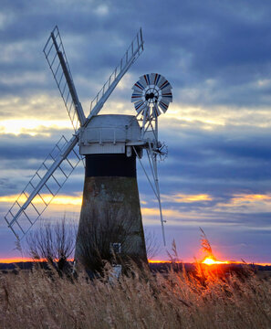 St. Benet's Mill at sunset, Norfolk Broads, Norfolk