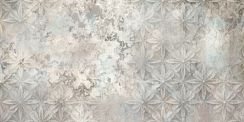 Grunge concrete wall with ornaments and prints. Colorful ceramic wall tiles decoration. Abstract damask patchwork background