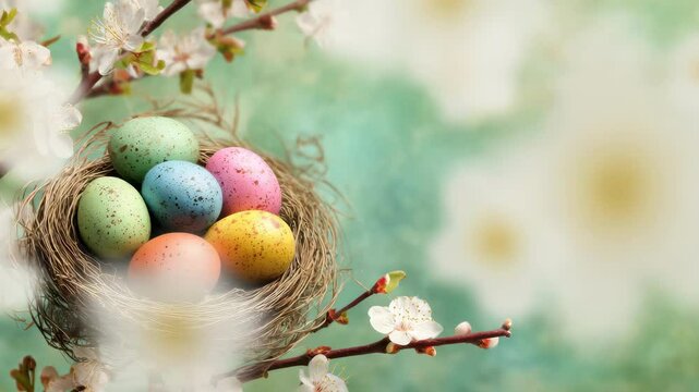 Easter nest with colorful eggs and blossoming branches announces spring arrival and joyful celebration
