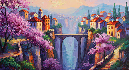 A vibrant oil painting captures a picturesque European village perched atop cliffs, connected by an ancient bridge, with blooming cherry blossoms adding a touch of spring.