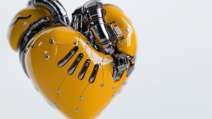 A yellow heart with metal parts and a broken part. The heart is broken and has a metallic look to it