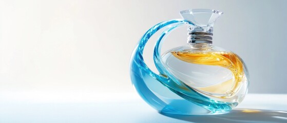 Exquisite perfume bottle with fluid design elements and golden fragrance