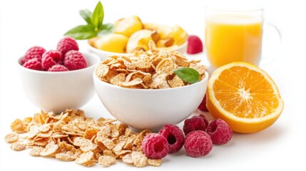 Golden Start: Healthy Cornflakes Breakfast Isolated on White

