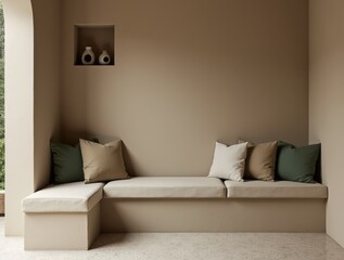 Interior nook with concrete bench, cushions in Desert Beige and Moss Green, terrazzo floor, accent ceramics in a niche, soft light.