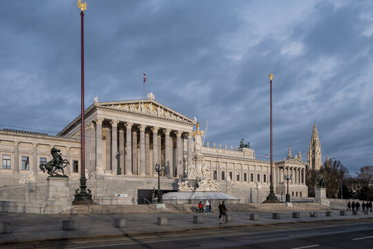 View of the Austrian Parliament's grand neo-Greek entrance facade on Ringstrasse, Austria