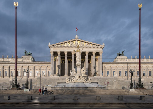 View of the Austrian Parliament's grand neo-Greek entrance facade on Ringstrasse, Austria