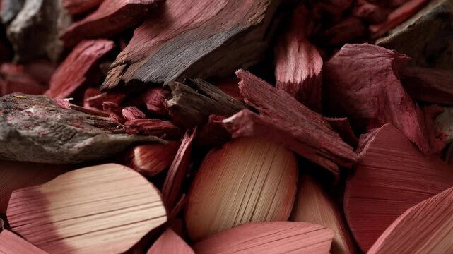 Rustic pile of aromatic red sandalwood and bark chips, close-up of raw sandalwood pieces for incense and crafts, textured natural wood
