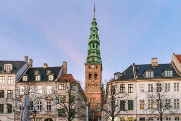 View of Nikolaj Kunsthal, a former medieval church transformed into a contemporary art center, showcasing modern exhibitions in one of the city's oldest surviving buildings.