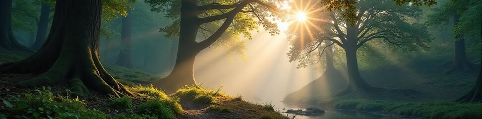 Misty morning in the Lake District forest, sunlight dappling through ancient trees, creating a magical atmosphere Tranquil scene perfect for nature lovers and travel enthusiasts , mystical, quiet