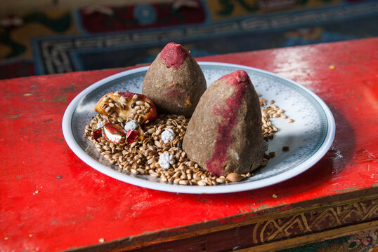 Barley cake, offering, , Stok village, Ladakh region, state of Jammu and Kashmir, India, Asia