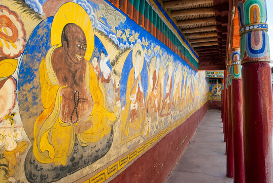 Wall painting at Tibetan Buddhist Thikse Monastery, near Leh, Ladakh region, state of Jammu and Kashmir, India, Asia