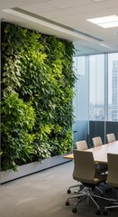Bright office with a vertical garden, large windows, and a spacious meeting table
