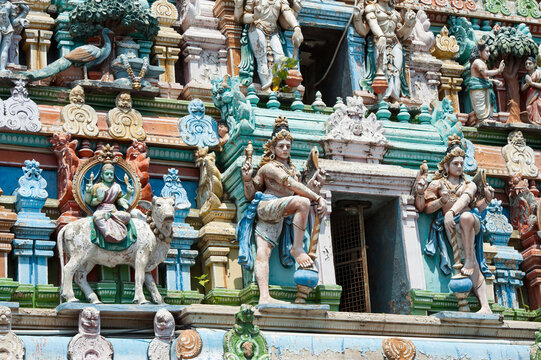 Details of high relief on the western Gopuram (gate tower) at Kapaleeshwarar Temple in Mylapore district, Chennai (Madras), Coromandel Coast, Tamil Nadu, India