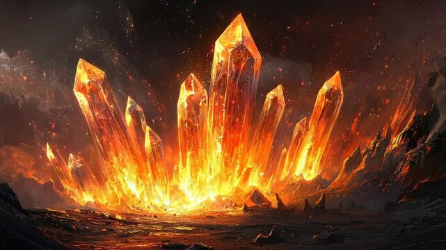 Fiery crystals erupting from a volcanic landscape