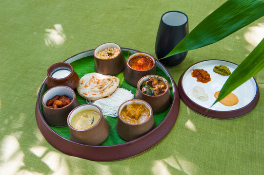 'Thali' served at The Raintree restaurant of TAJ Connemara Hotel, Chennai (Madras), Coromandel Coast, Tamil Nadu state, South India, Asia