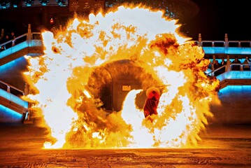 A performer wielding a fire staff surrounding himself with a ball of fire at WuNvZhou Resort, Wuyuan County, Shangrao, Jiangxi Province, China