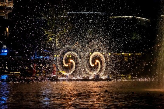 Molten iron being spun to form spectacular sparks. WuNvZhou Resort, Wuyuan County, Shangrao, Jiangxi Province, China