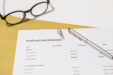 Business Accounting Document on Table – Profit and Loss Overview with Writing Tools