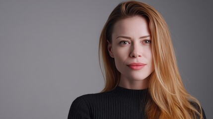 Fototapeta premium Confident Young Woman with Long Hair Posing Against a Neutral Background