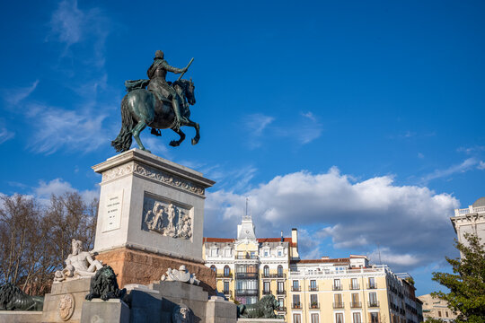 Statue of Felipe IV on horseback in Plaza de Oriente, near the Palacio Real, Madrid, Spain