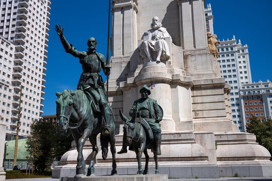 Statue of Don Quixote and Sancho Panza in Plaza de Espana, in the capital city of Madrid, Spain