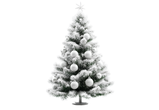 D model of a Christmas tree decorated with white and silver ornaments, on a white background. 20K resolution