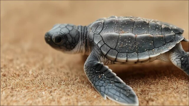 Little gray sea turtle hatchling crawls on sandy beach, leaving tiny tracks in the sand, closeup animal portrait wildlife