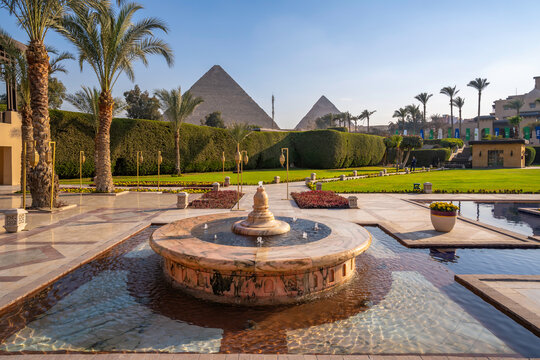 View of Giza Pyramids from Marriott hotel, Cairo, Egypt, Africa