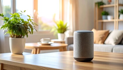 Smart speaker on wooden coffee table in a bright living room