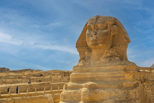 View of the Sphinx at the Pyramids of Giza on a sunny day, Giza, Cairo, Egypt, Africa