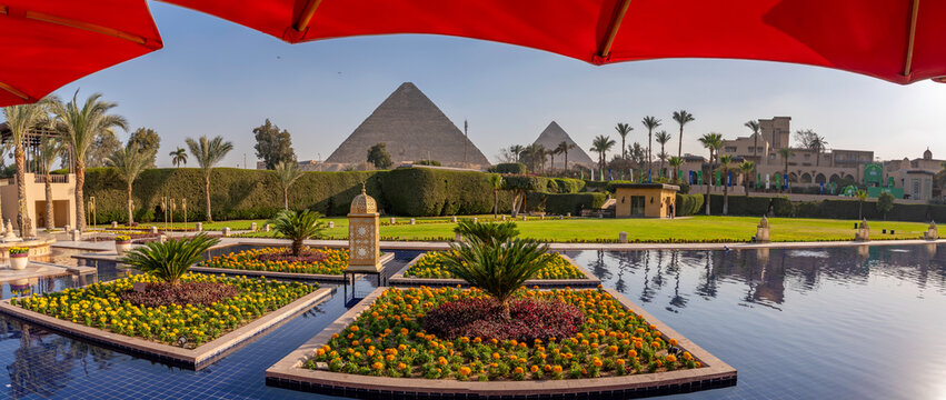 View of Giza Pyramids from Marriott hotel, Cairo, Egypt, Africa
